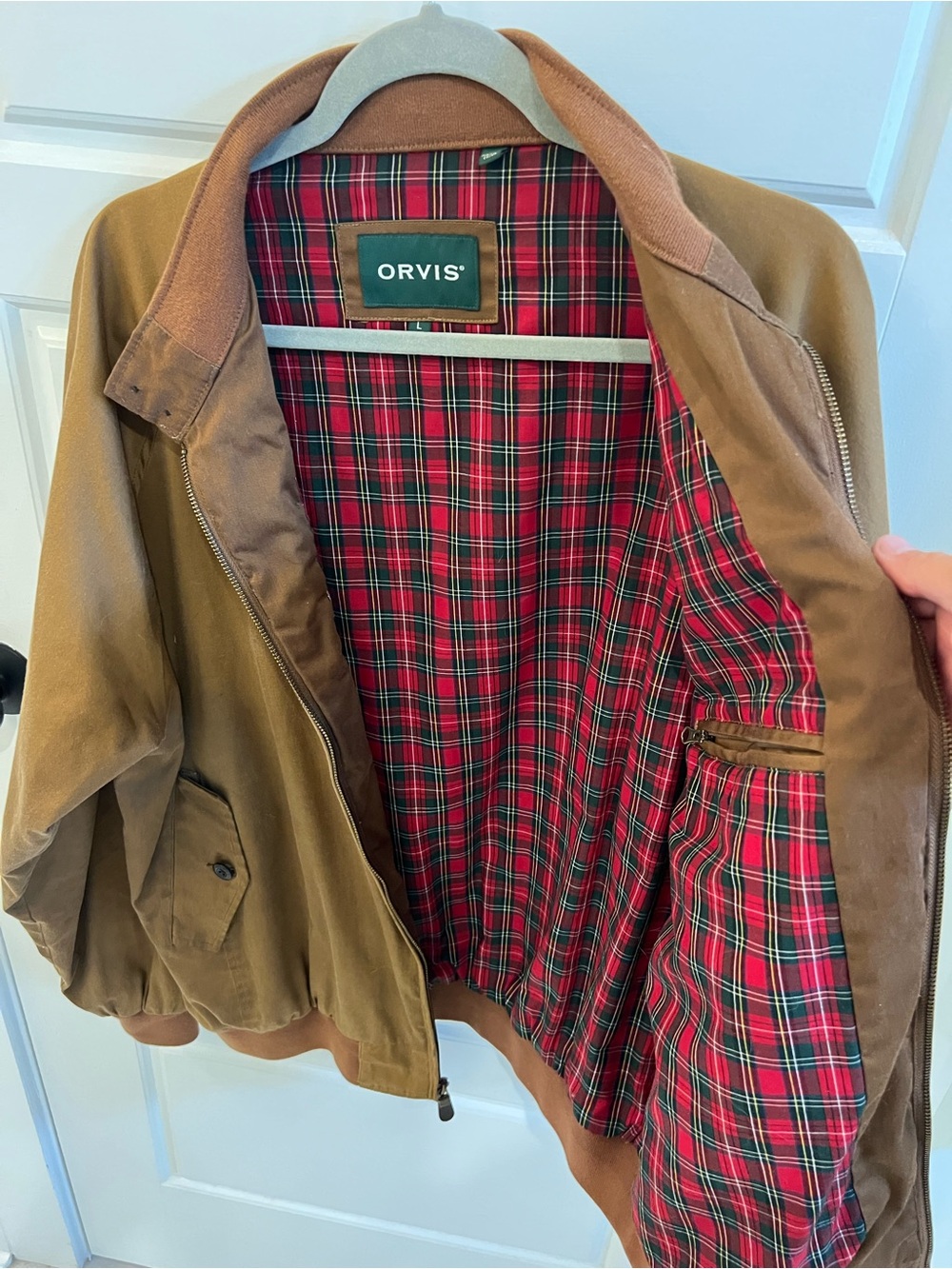 Orvis Brown Bomber Jacket with Red Plaid Lining (Harrington, Blouson)